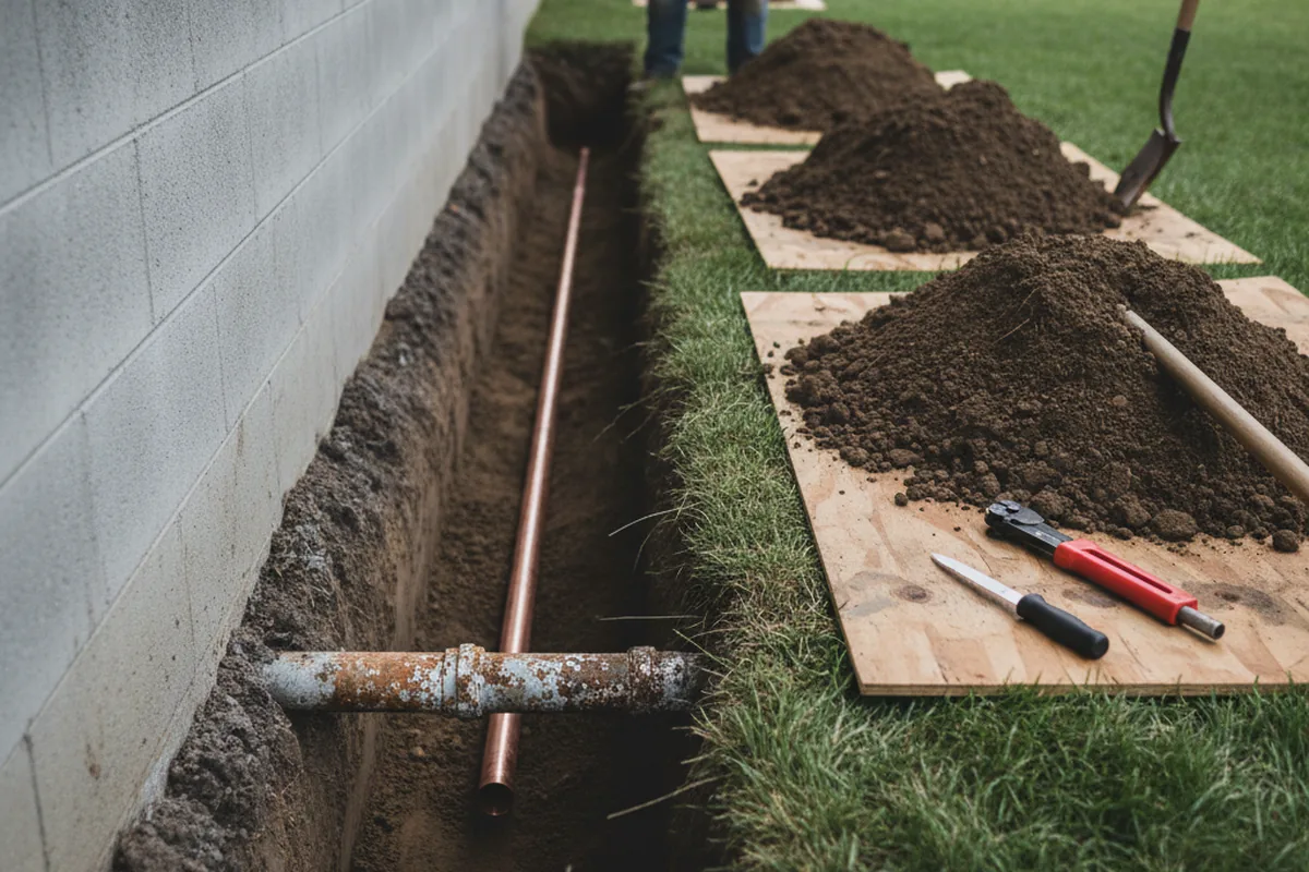 Excavated water line trench during Water Softener Installation in Deforest